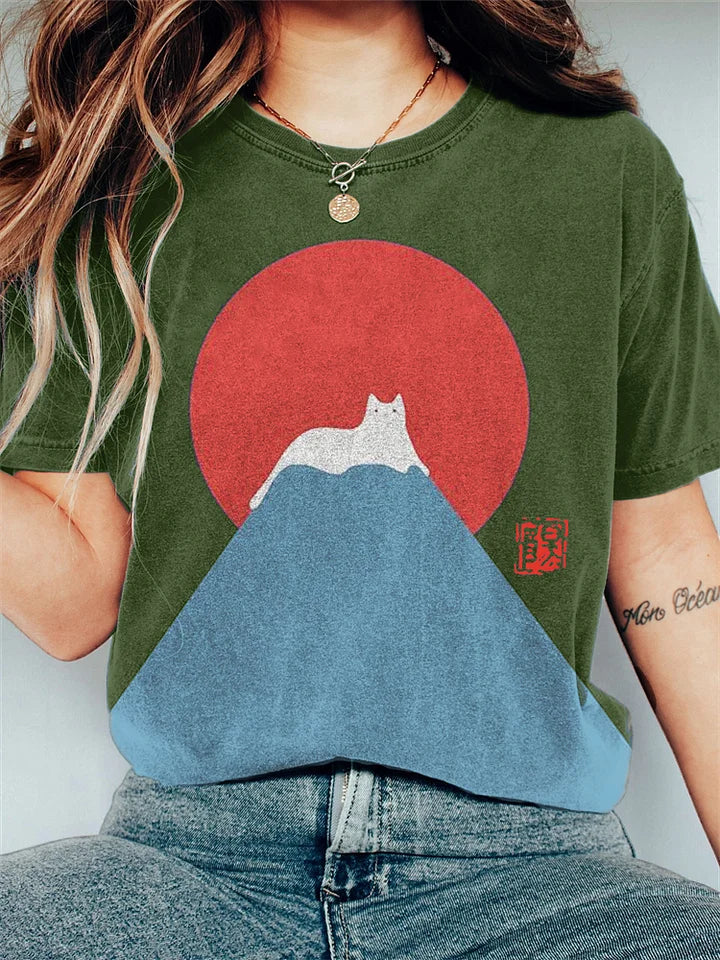 Japansk konst Fuji katt på berg T-shirt med tryck - Tina