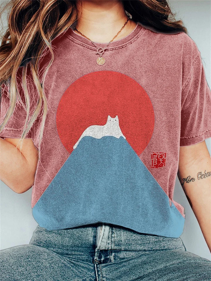 Japansk konst Fuji katt på berg T-shirt med tryck - Tina