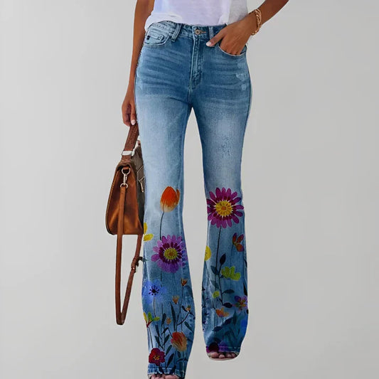 Raka jeans med blommönster -  Blondina