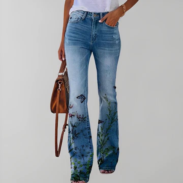 Raka jeans med blommönster -  Blondina