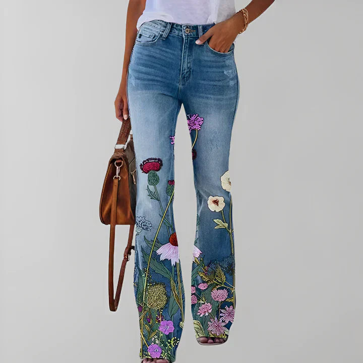 Raka jeans med blommönster -  Blondina