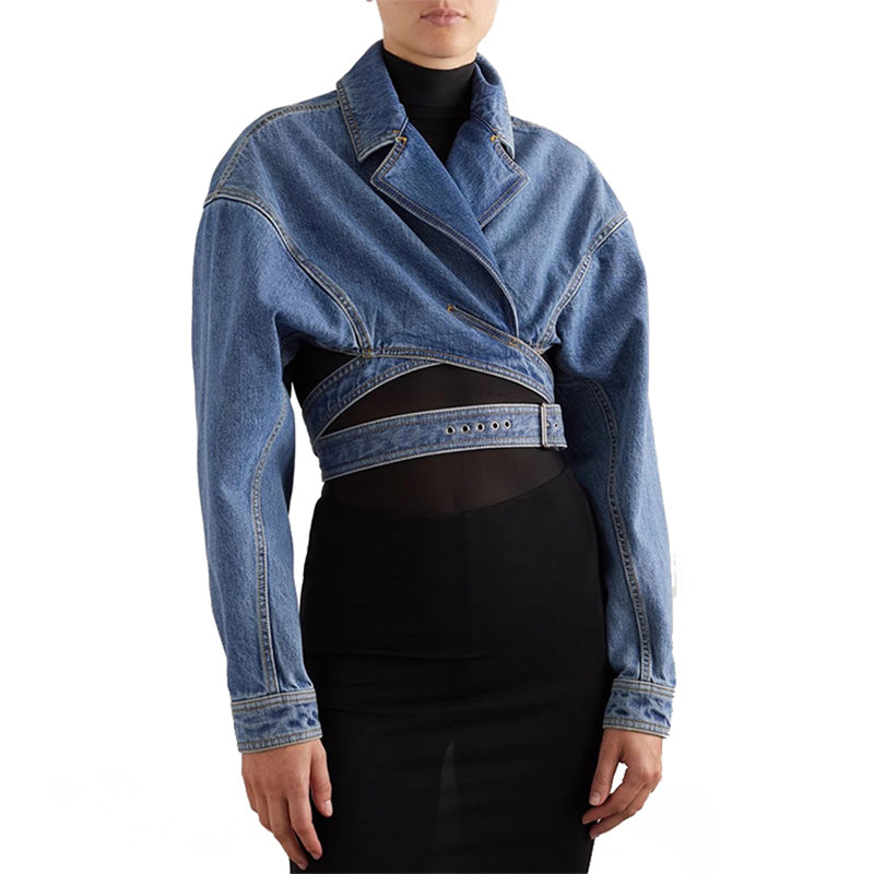 Kort asymmetrisk jeansjacka med justerbart bälte - Wilhelmina