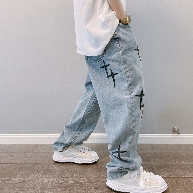 Korsbroderade retrotvättade baggy jeans för män - Jon