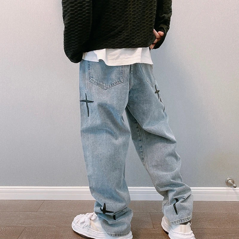 Korsbroderade retrotvättade baggy jeans för män - Jon