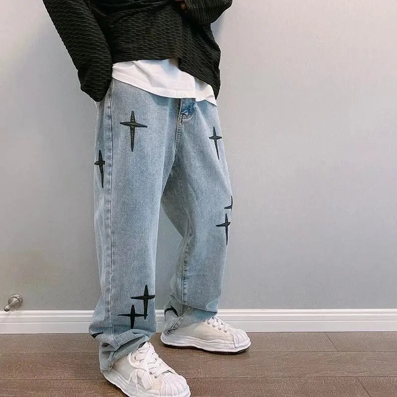 Korsbroderade retrotvättade baggy jeans för män - Jon