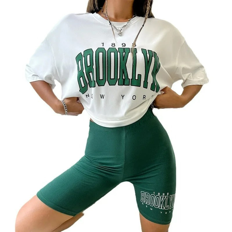 BROOKLYN Print Drop Shoulder Tee & Tight Shorts Set - Milea