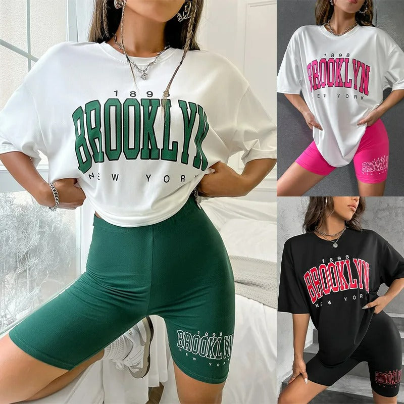 BROOKLYN Print Drop Shoulder Tee & Tight Shorts Set - Milea