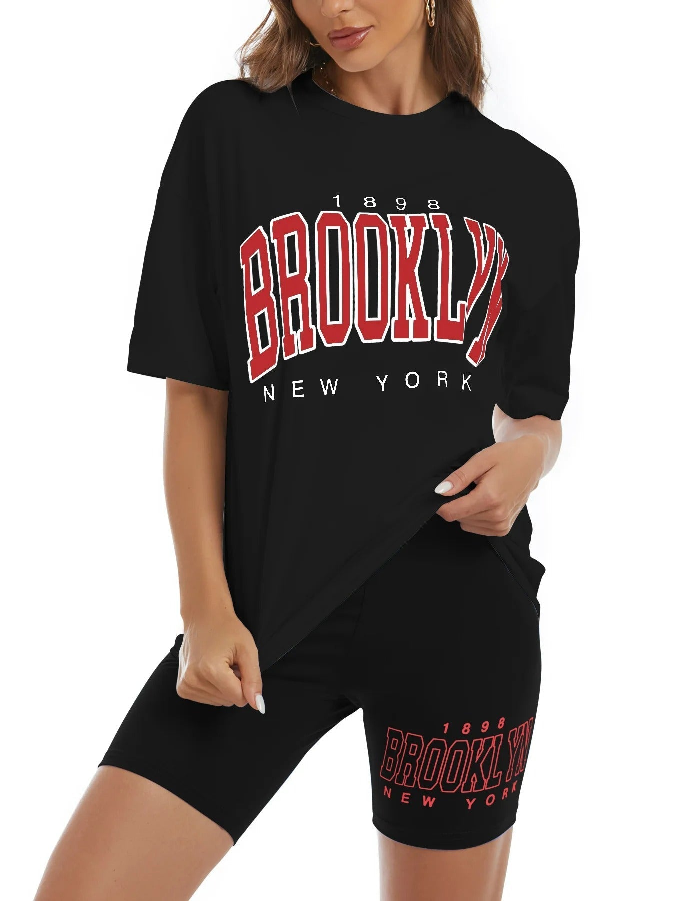 BROOKLYN Print Drop Shoulder Tee & Tight Shorts Set - Milea