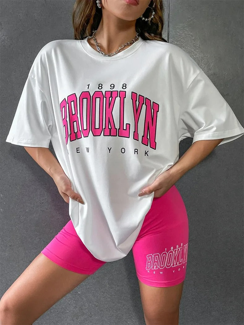 BROOKLYN Print Drop Shoulder Tee & Tight Shorts Set - Milea